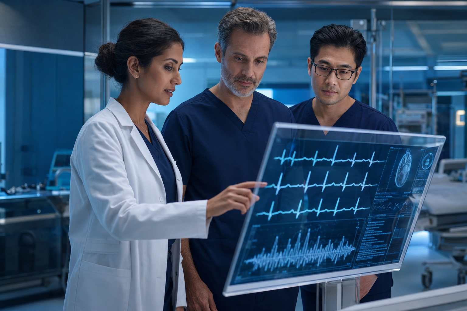 A multidisciplinary clinical team reviewing ECG intelligence