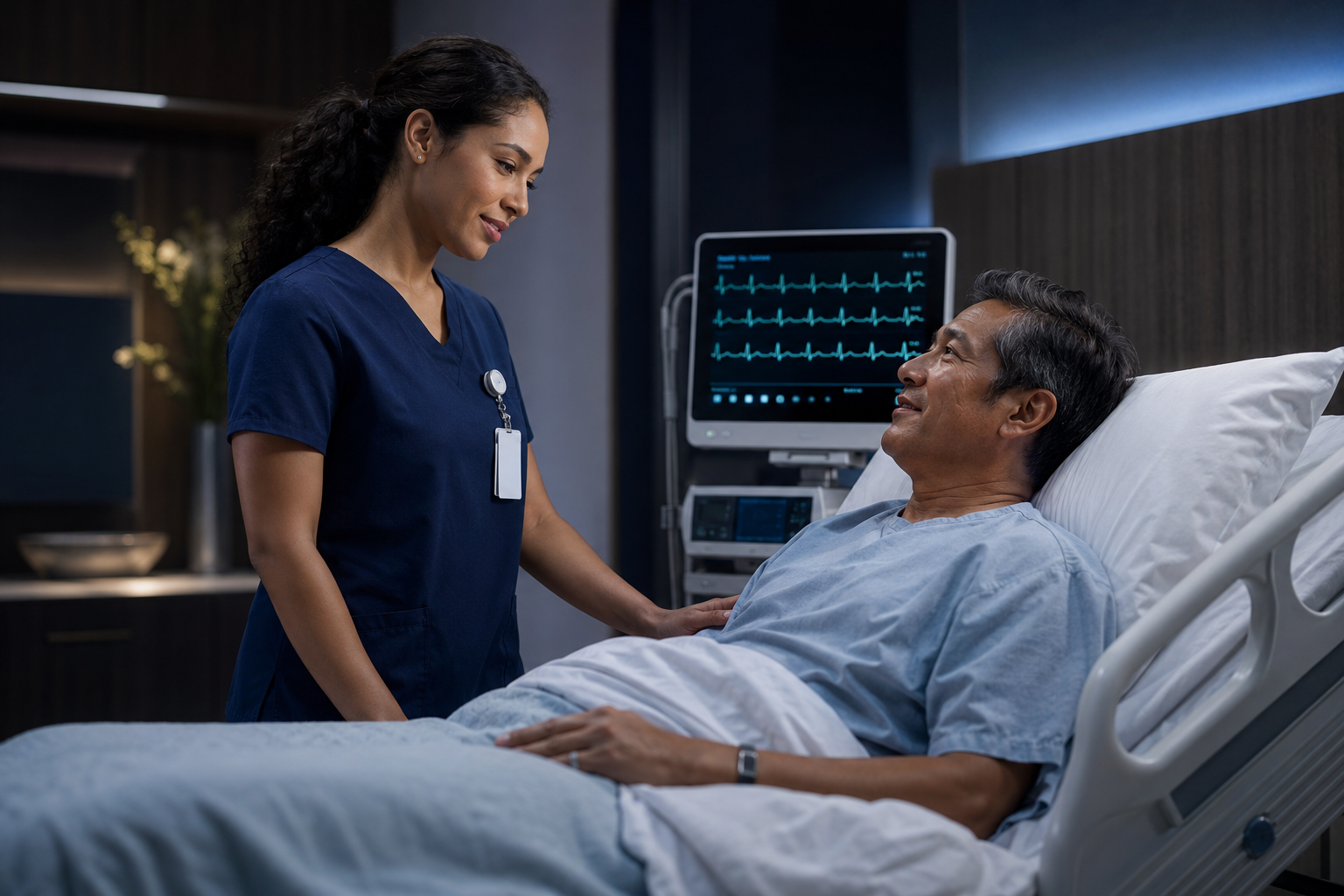 A nurse monitoring a cardiac patient in a modern hospital room