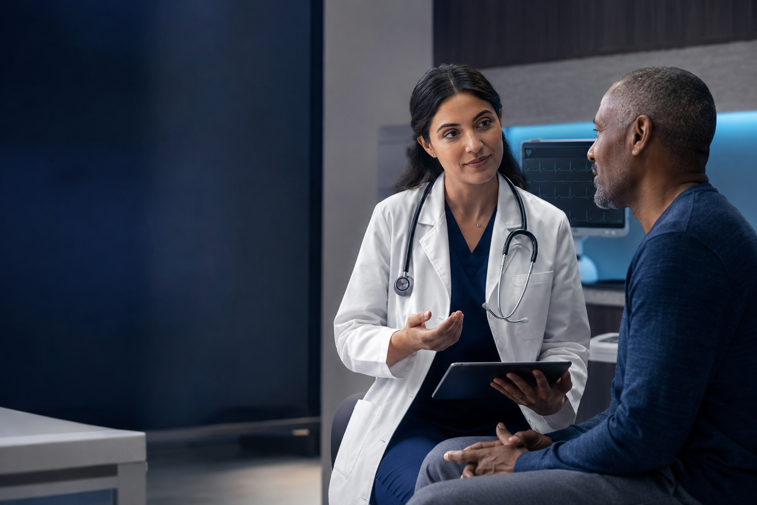 A patient speaking with a cardiologist in a modern cardiac consultation
